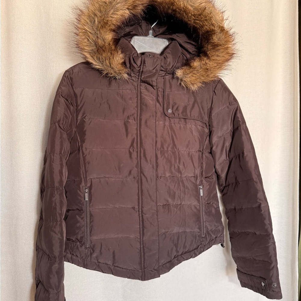 Calvin Klein Brown Puffer Jacket with Faux Fur Trim